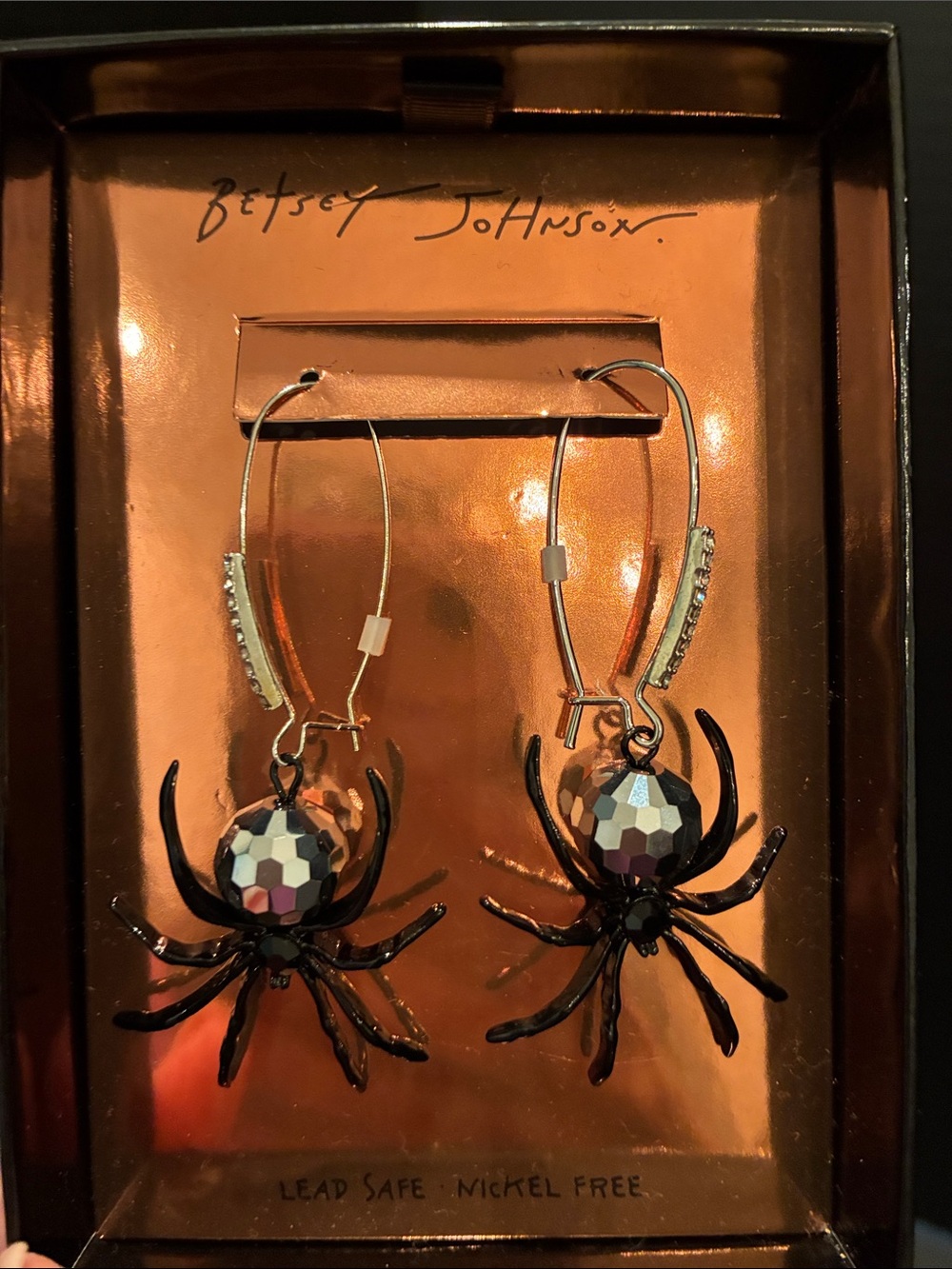 Betsey Johnson Black Spider Hoop Earrings with Iridescent Faceted Beads